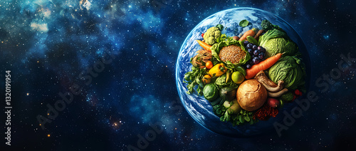 Nourishing Earth: Vibrant vegetables and fruits arranged artfully on a planet Earth backdrop against a cosmic space background.