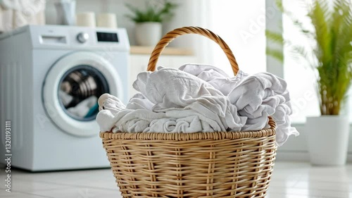 Clean linens loaded in a wicker basket near a bright washing machine in a modern laundry room