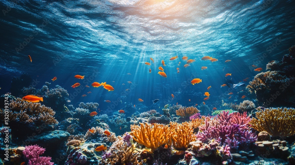 Obraz premium A mesmerizing underwater scene featuring vibrant purple coral at the heart of a diverse, circular arrangement with various colorful corals enveloping it in a vivid aquatic ballet