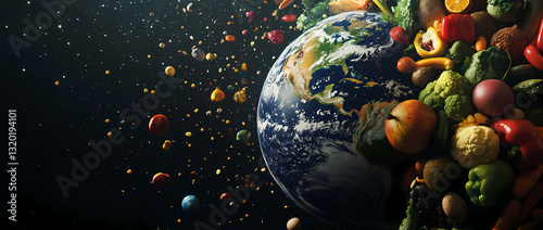 Earth's Bounty: A vibrant collage of Earth morphs into fresh, colorful fruits and vegetables, symbolizing nature's nourishment and abundance. 