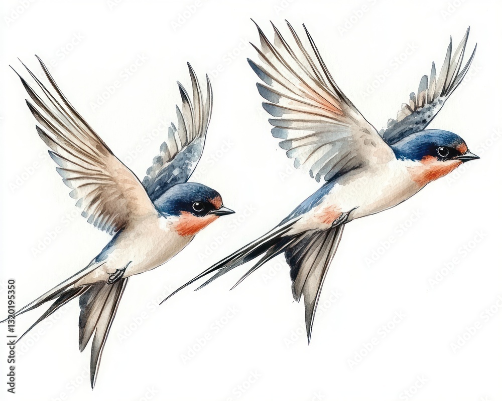 Fototapeta premium Swallow Birds Flying Watercolor Illustration Art Print Nature Design Graphic Background White