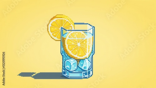  a refreshing pixel art lemonade glass with ice and lemon slice