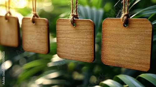 Blank Wooden Tags Hanging in Lush Greenery: Perfect for Your Message