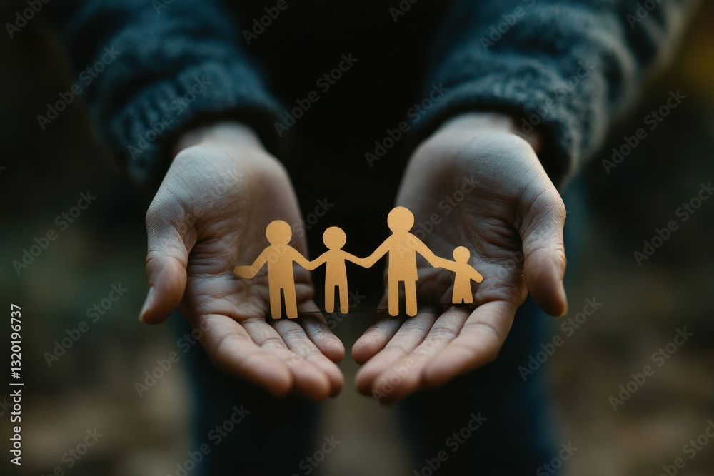Homeless man holding cardboard family figures symbolizing hope and nostalgia in a cold urban environment Homeless man holding cardboard family figures symbolizing hope and nostalgia in a cold urban environment