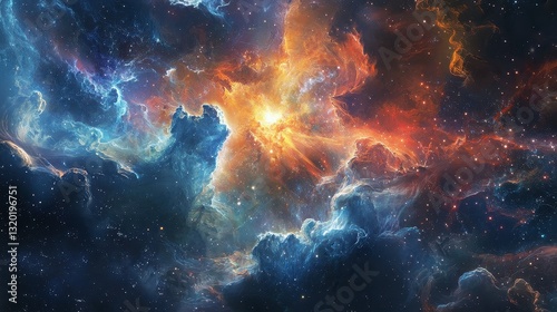 Vibrant Cosmic Explosion in Starry Nebula with Colorful Gas Clouds
