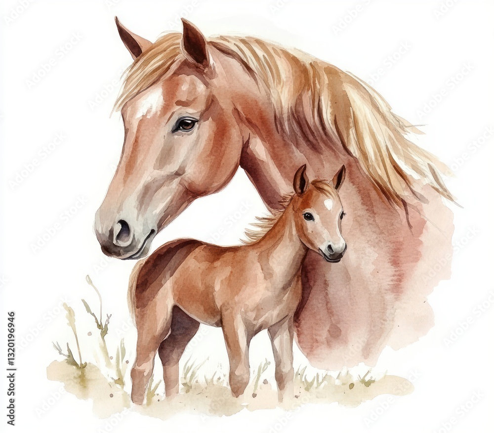 Obraz premium Watercolor illustration of mare and foal, realistic animal art, cute chestnut horse, beautiful portrait, greeting card design, equestrian theme, soft pastel tones