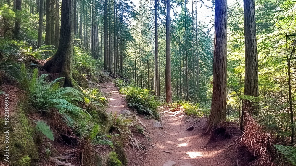 Obraz premium Vibrant Forest Trail with Dappled Sunlight