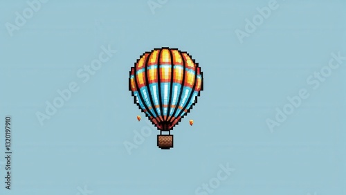 a vibrant pixel art hot air balloon floats gracefully against a soft blue sky
