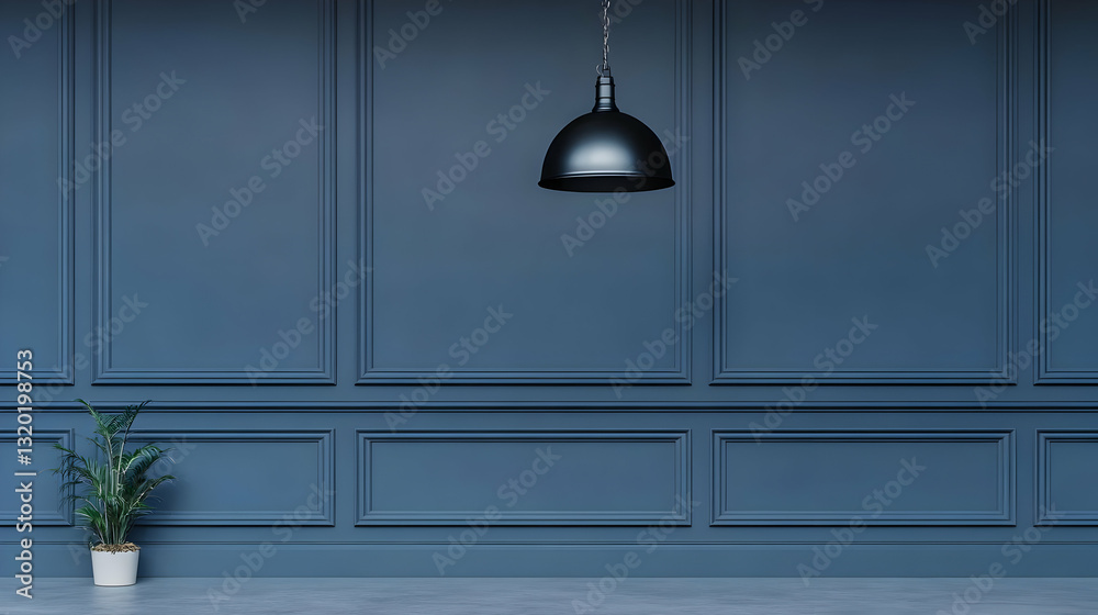 Fototapeta premium 3D Render of a Dark Blue Paneled Wall with Hanging Lamp and Potted Plant