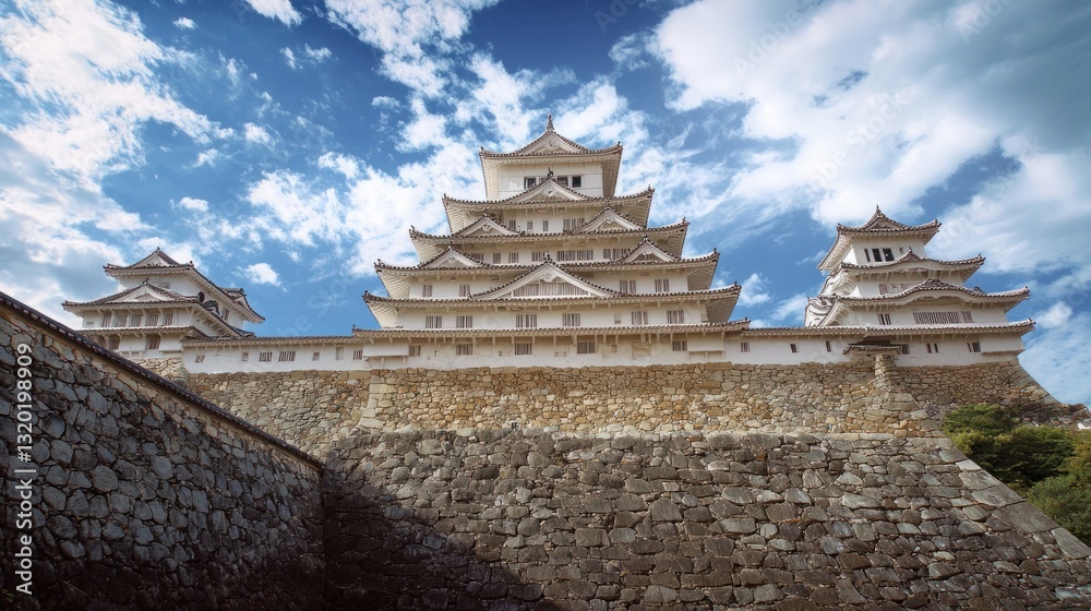 Majestic Castle Against Blue Sky with Fluffy White Clouds Majestic Castle Against Blue Sky with Fluffy White Clouds