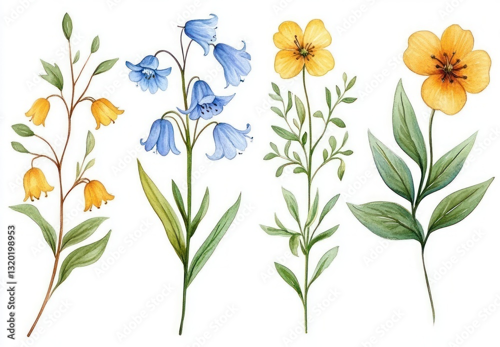 Obraz premium Watercolor Floral Illustration Set with Bluebells Yellow Flowers Leaves and Botanical Elements for Garden and Meadow Collection