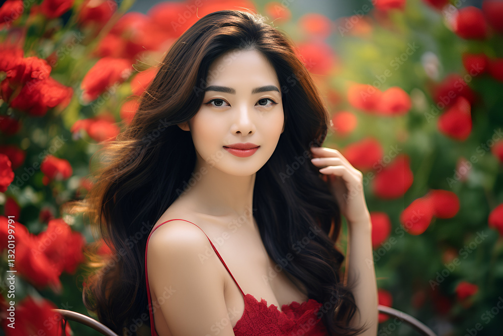 Naklejka premium Portrait of beautiful young brunette woman Beautiful young asian woman with clean fresh skin on white background, Face care, Facial treatment, Cosmetology, beauty and spa, Asian women portrait