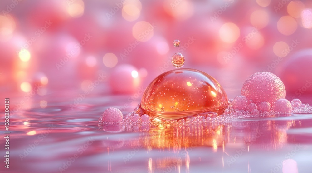 Fototapeta premium Golden Oil Droplet Surrounded by Glowing Pink Spheres on Luxurious Pearlescent Surface