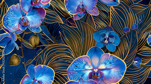 Seamless Floral Pattern of Blue Orchids and Golden Leaves on Dark Background with Decorative Elements for Textile and Fashion Design