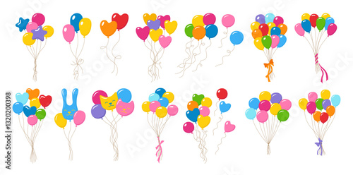 Bundle balloons set illustration. Colorful decorative cartoon bunches of balloons of various shapes. Birthday celebration, festivities events, party decorations, greeting cards children vector designs