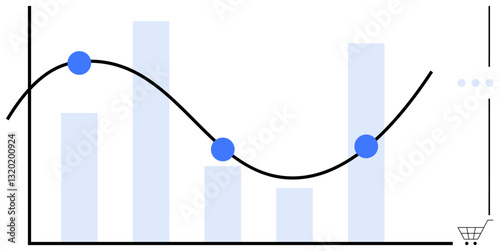 Bar chart with fluctuating line graph and data points atop, cart symbol in corner. Ideal for analytics, growth tracking, e-commerce, trends, statistics, financial projections, flat simple metaphor
