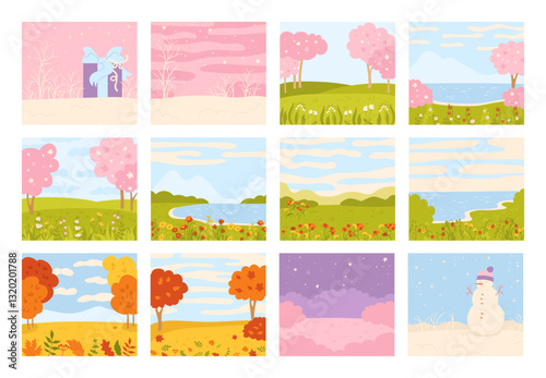 Four seasons of nature cover flat design set. Simple stylized design winter, spring, summer and autumn landscapes poster backgrounds. Editable seasonal art vector cartoon illustration for children
