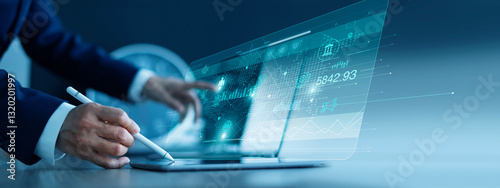 Obraz na płótnie Digital marketing, Business finance and investment, Businessman analysis of data with economic graph growth chart, Business development target, global business and data on social network