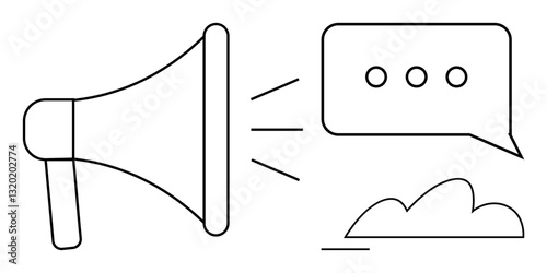 Megaphone projecting sound toward conversation speech bubble with three dots. Minimal design with abstract cloud underscoring communication. Ideal for marketing, promotion, announcement, feedback