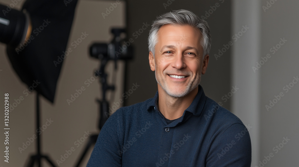 Obraz premium portrait of a handsome, mature man with gray hair smiling confidently in a studio setting with photography equipment in the background.