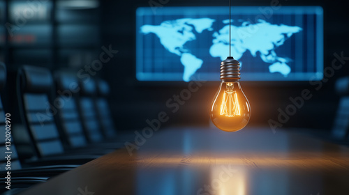 idea concept in a boardroom. lit lightbulb above a table, global map in the background, suggesting global business, innovation, & strategy.