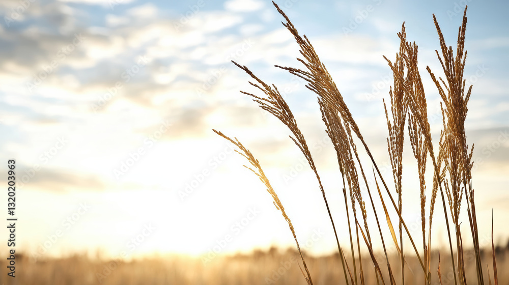 Fototapeta premium Gentle rice stalks sway in breeze under beautiful sunset sky