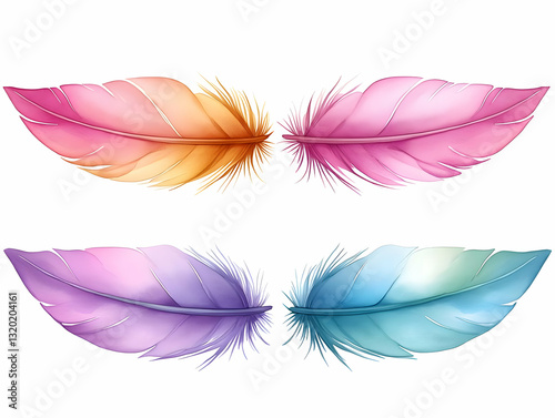 Watercolor Illustration of Four Colorful Feathers with Gradient Shades, Soft and Delicate, Isolated on White Background