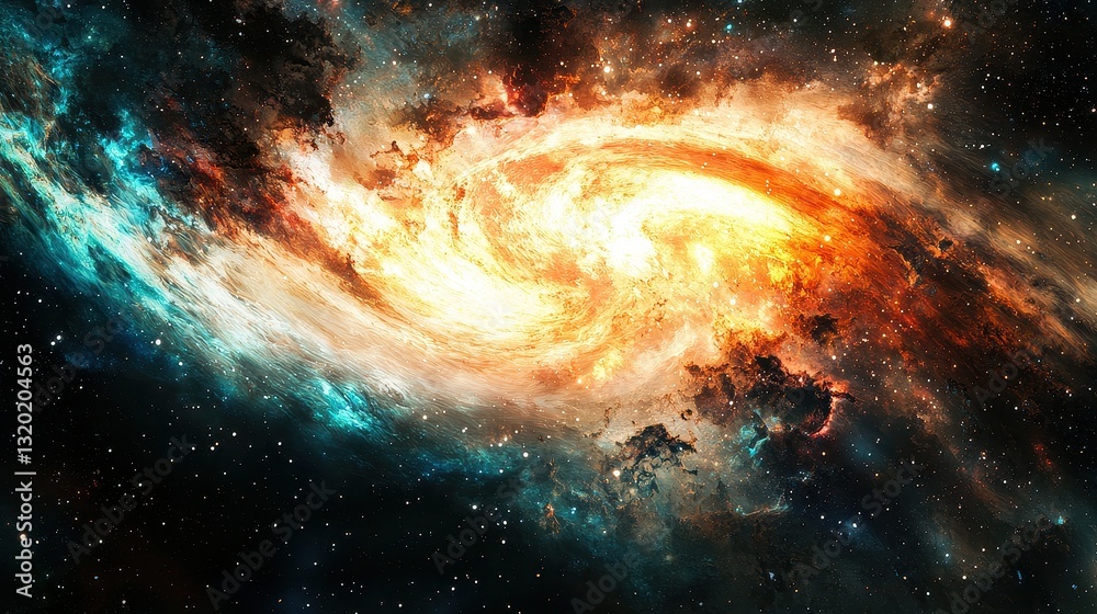 Obraz premium Vibrant Swirling Galaxy with Fiery Core and Distant Stars in Space