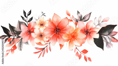 Watercolor Floral Arrangement: Peach and Gray Flowers with Leaves, Elegant Botanical Illustration for Design