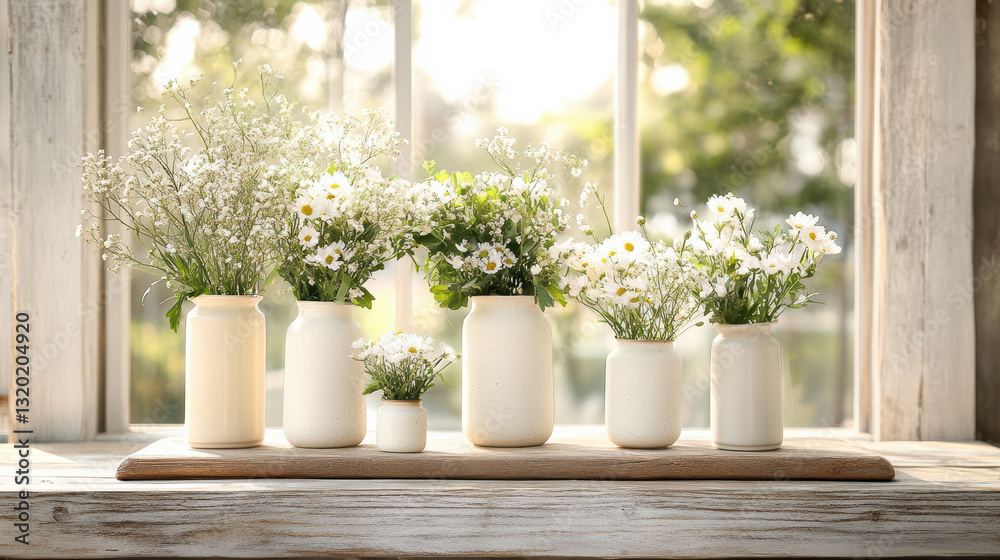 serene floral arrangement in jars, illuminated by golden hour light serene floral arrangement in jars, illuminated by golden hour light
