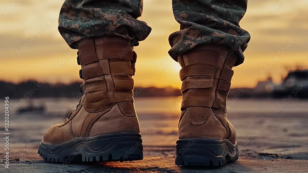 Close Up View Of A Soldier's Legs Wearing Brown Military Boots And Camouflage Pants Standing Outdoors During A Beautiful Sunset With A Warm Orange And Yellow Sky