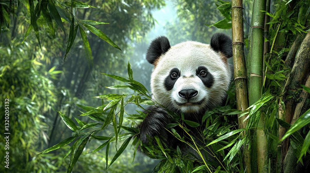 Fototapeta premium panda peeking through lush bamboo in serene forest setting