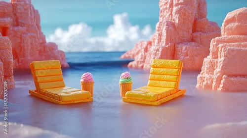 Summer Beach Paradise: Two Lounge Chairs, Ice Cream, and a Serene Ocean View