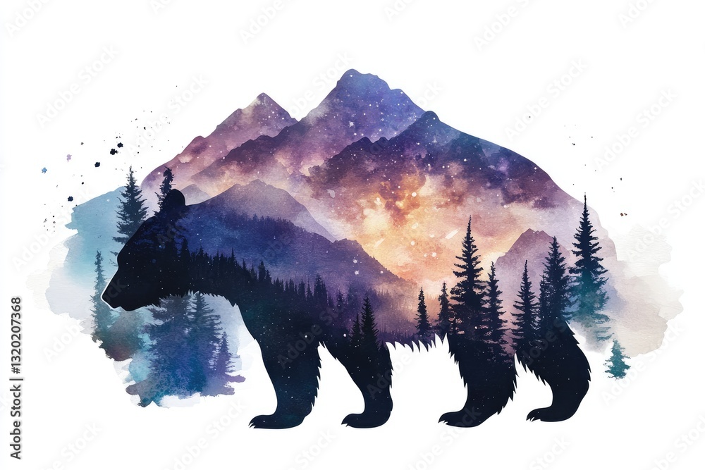 Φωτογραφία Watercolor Silhouette of Bear Featuring Mountainous and Forest Scene