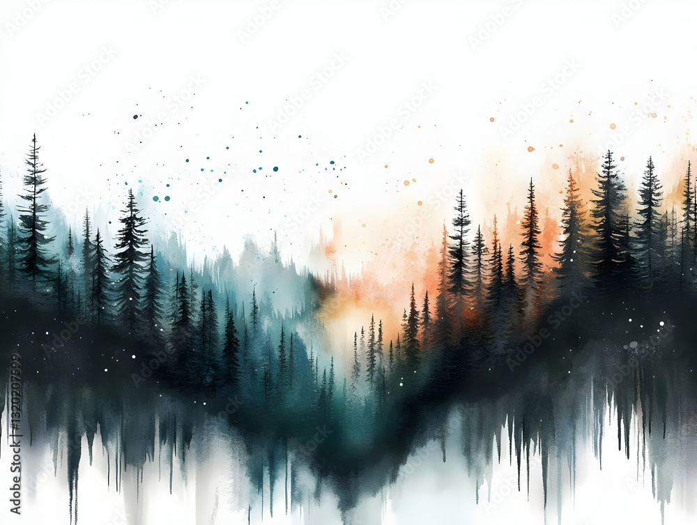 Φωτογραφία Abstract Watercolor Painting of a Forest Silhouette with Teal and Orange Hues, D