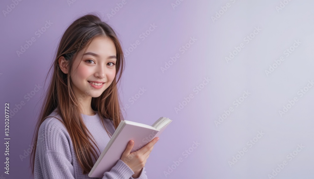 Happy Young Woman Reading Book, Purple Background - Pastel colors Happy Young Woman Reading Book, Purple Background - Pastel colors