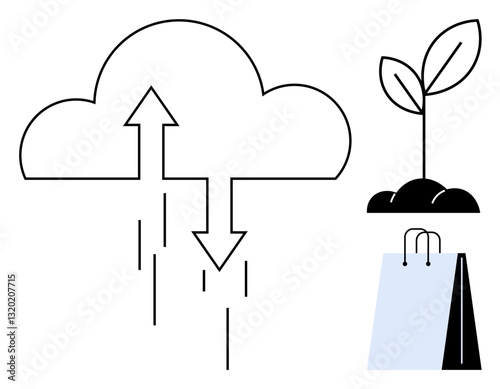 Abstract cloud with upload and download arrows, sprouting seedling in soil, and shopping bag. Ideal for sustainability, technology, growth, e-commerce, eco-consciousness minimalism innovation. Flat