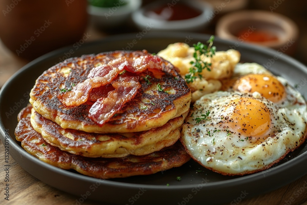 Rustic Breakfast Platter with Scrambled Eggs Bacon and Potato Pancakes Rustic Breakfast Platter with Scrambled Eggs Bacon and Potato Pancakes