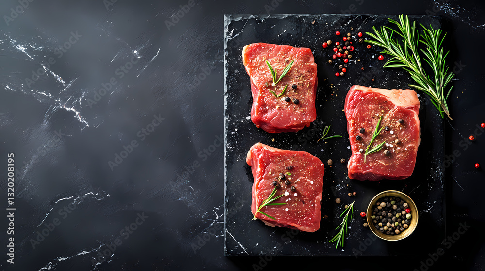 Fototapeta premium Raw Steaks on Slate: Three raw beef steaks seasoned with rosemary and peppercorns rest on a dark slate slab, ready for cooking.
