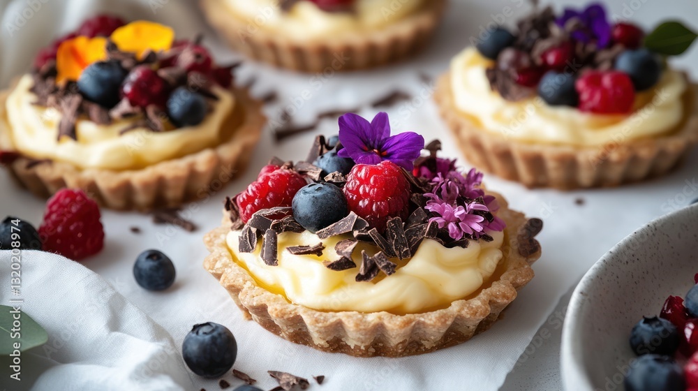 Mini tarts topped with fresh berries, edible flowers, and chocolate Mini tarts topped with fresh berries, edible flowers, and chocolate