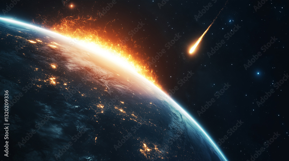 Obraz premium An asteroid with a glowing trajectory path is approaching the Earth's atmosphere, set against a soft focus planetary background, visualizing a space threat.