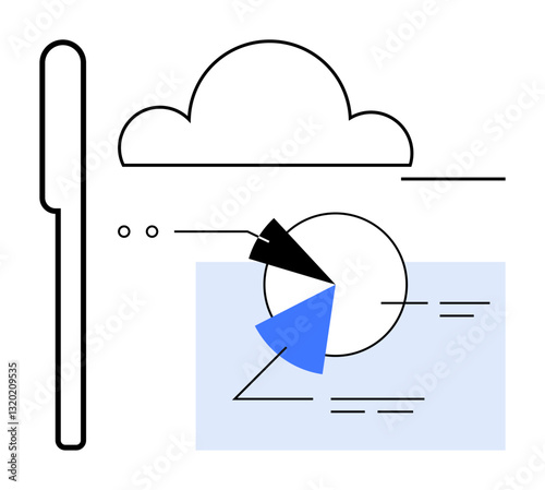 Cloud icon with analytics elements including a segmented pie chart and stylized data points. Ideal for data storage, cloud computing, analysis, statistics, business strategy, digital tools, flat