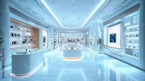 A modern brightly lit minimalist technology retail store interior displays