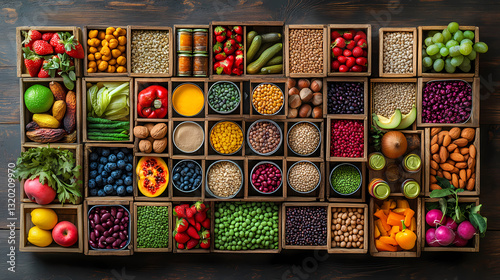 Nutrient Canvas: A vibrant composition of fresh, diverse produce artfully arranged within rustic wooden crates, perfect for promoting healthy eating habits and the beauty of nature's bounty.