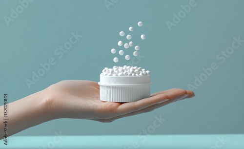 Hand holding sweetener tablets spilling over pastel blue background