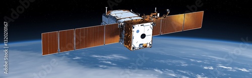 A small satellite is orbiting around the Earth, capturing high-resolution views of the planet which appears glowing in blue and white colors, with a space backdrop dotted with subtle stars.