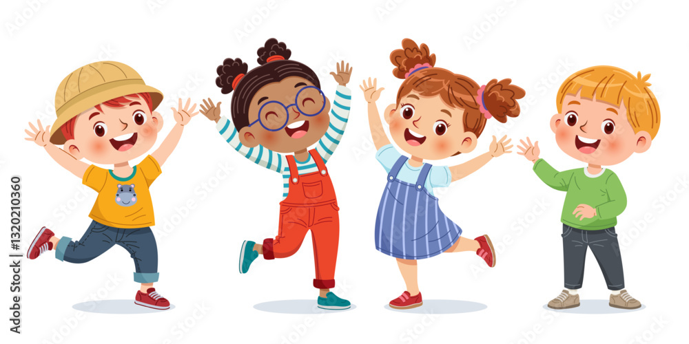 Vector Illustration of happy children in playful poses, dressed in colorful clothes Vector Illustration of happy children in playful poses, dressed in colorful clothes