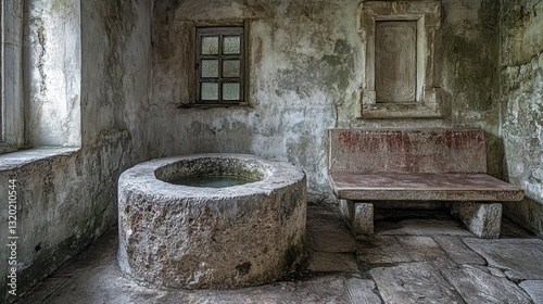 Aged stone basin in a dilapidated room with a bench