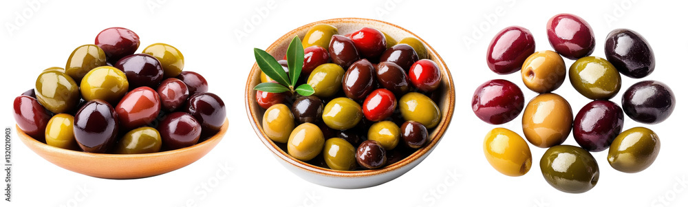 assorted olives in bowls and pile isolated on white background assorted olives in bowls and pile isolated on white background