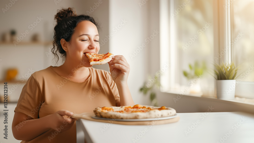 Woman dressed in brown t-shirt eating tasty pizza, holding it in hands and biting off piece sitting in kitchen. Eating unhealthy food such as fast food. Woman dressed in brown t-shirt eating tasty pizza, holding it in hands and biting off piece sitting in kitchen. Eating unhealthy food such as fast food.